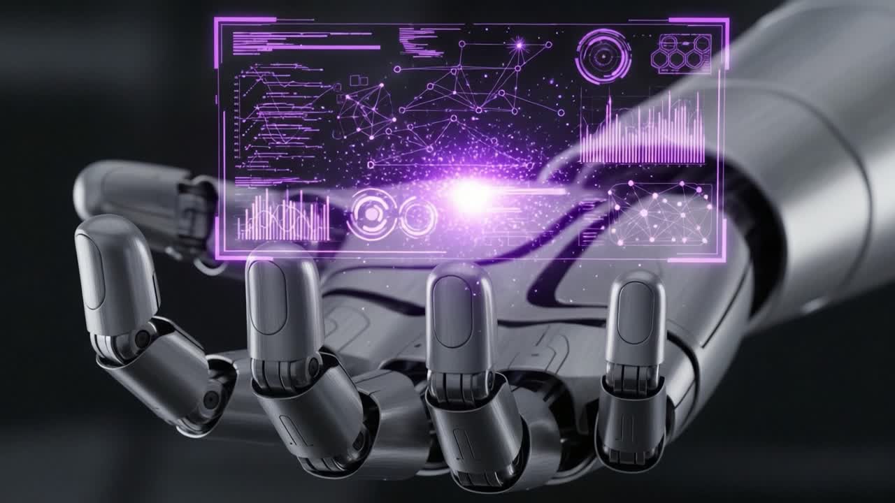 An Advanced Robotic Hand Showcasing Interactive Holographic Data Display with Graphical User Interface and Futuristic Technology Elements