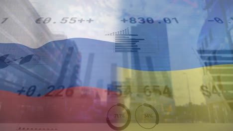 Animation-Der-Flaggen-Russlands-Und-Der-Ukraine-über-Datenverarbeitung-Und-Stadtbild