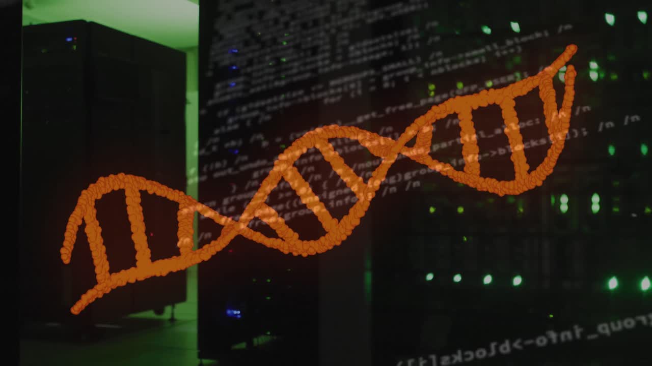 animación del procesamiento de datos y la cadena de adn sobre la sala del servidor