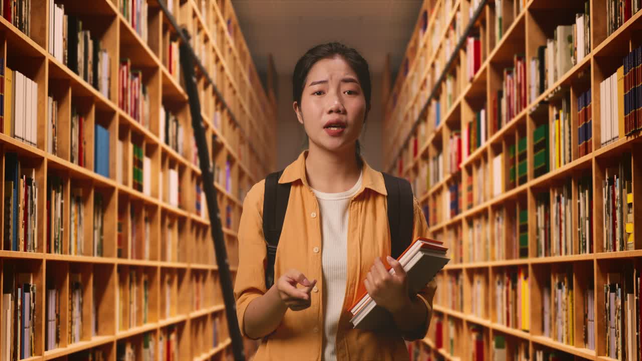 배과 몇 권의 책을 들고 있는 아시아 여성 학생이 도서관에 서 있는 동안 카메라를 보고 누군가에게 소리를 질렀다.