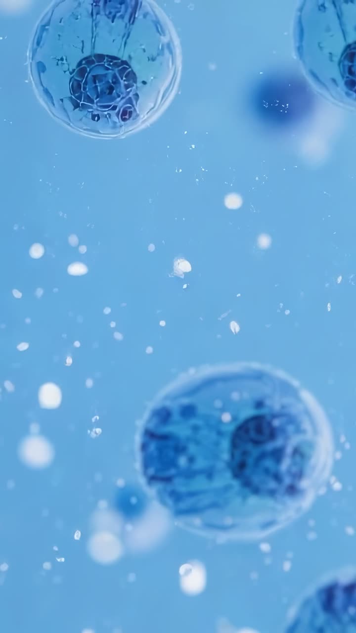 Vertical video: Sphere drifting and rotating in fluid under current, revealing internal filaments