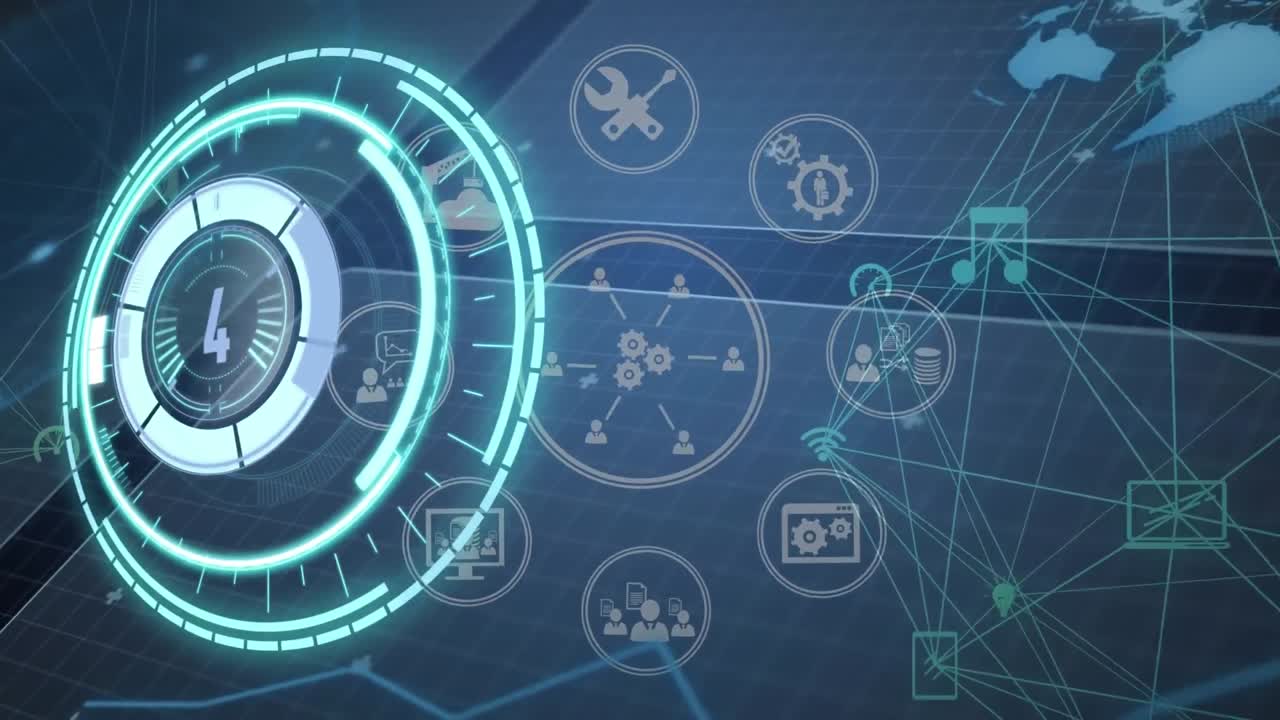 animación del escaneo del alcance a través de la red de conexiones con iconos en fondo negro