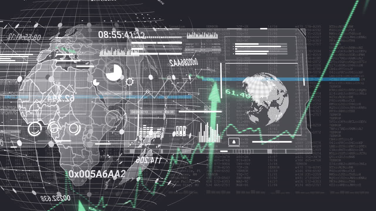 Animation of arrows, globes, graphs, loading circles and bars over grid pattern globe