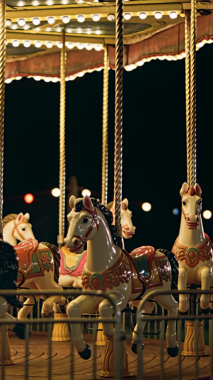 Vertical video: Pulling focus camera revealing painted carousel horse at fairground showing paint