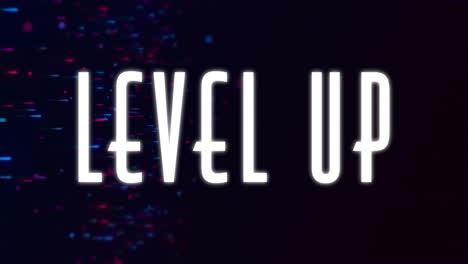 level up text animation over blue and red digital particles on dark background