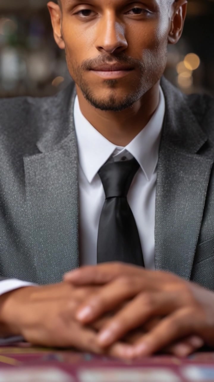 Uomo elegante in abito grigio con cravatta nera in posa con sicurezza a un tavolo in un ambiente sofisticato: un fascino classico e un'eleganza moderna combinati.