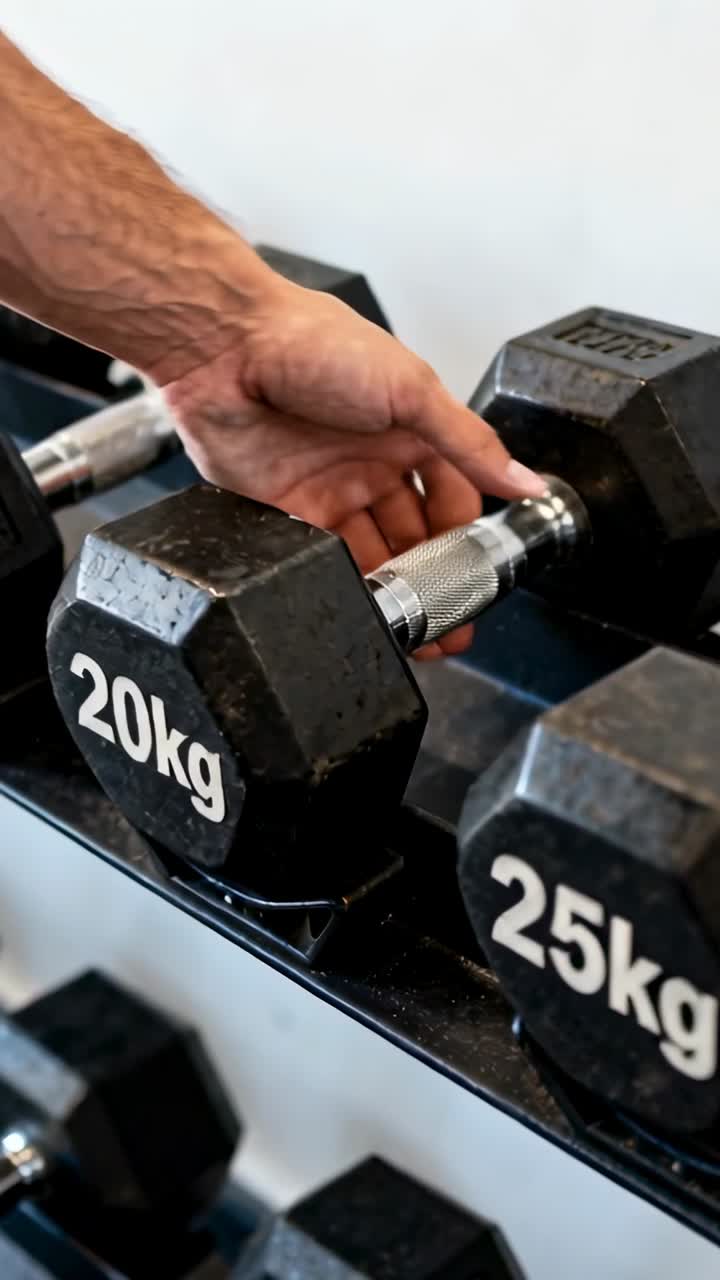 Video vertical: Entrando en el encuadre, mano agarrando un mango moleteado de 20 kg, brazo descubierto en el rack preparándose para levantar.