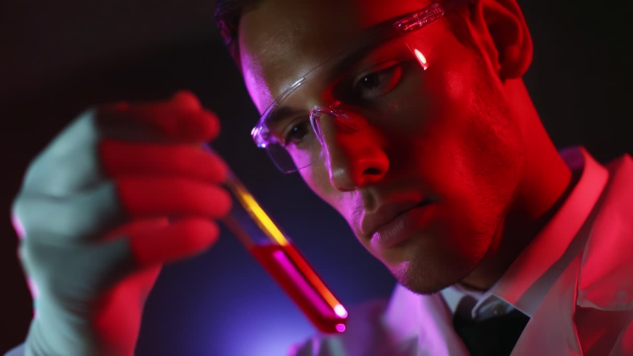 A focused scientist in a laboratory setting intently examines a test tube filled with bright red liquid, illuminated by dramatic lighting that highlights the intricate details of his serious expression and professional attire