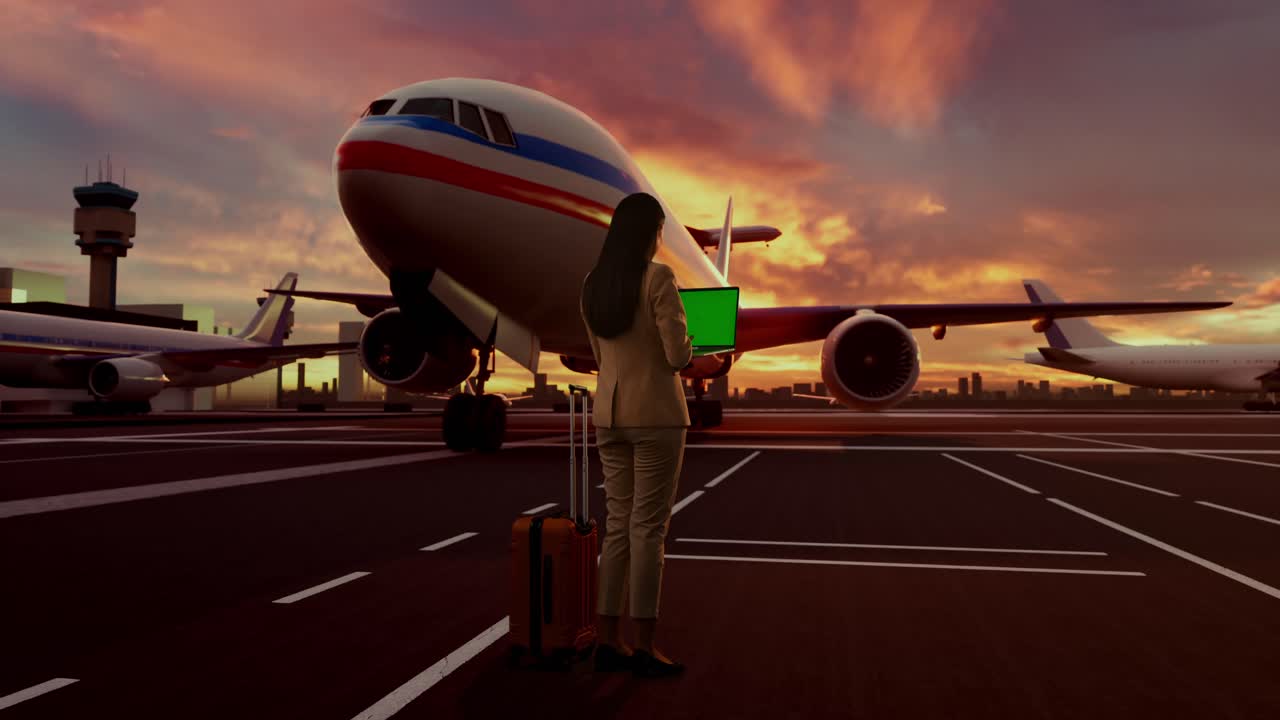 Vista posteriore a figura intera di una donna d'affari asiatica con una valigia con rotelle che sale su un jet privato al tramonto, che utilizza un laptop con green screen mentre aspetta il volo, aeroporto con aereo