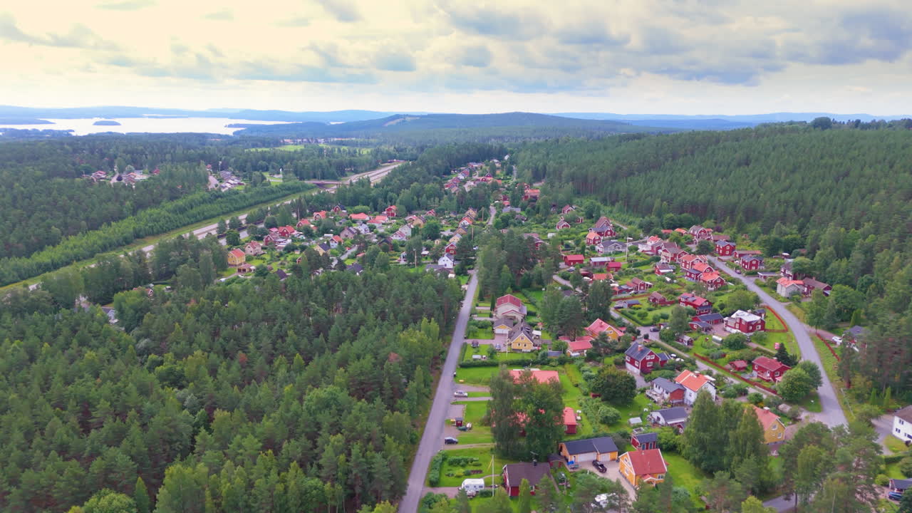 Rural Gruvriset neigbhorhood in wooded countryside of Falun, Sweden. Aerial view