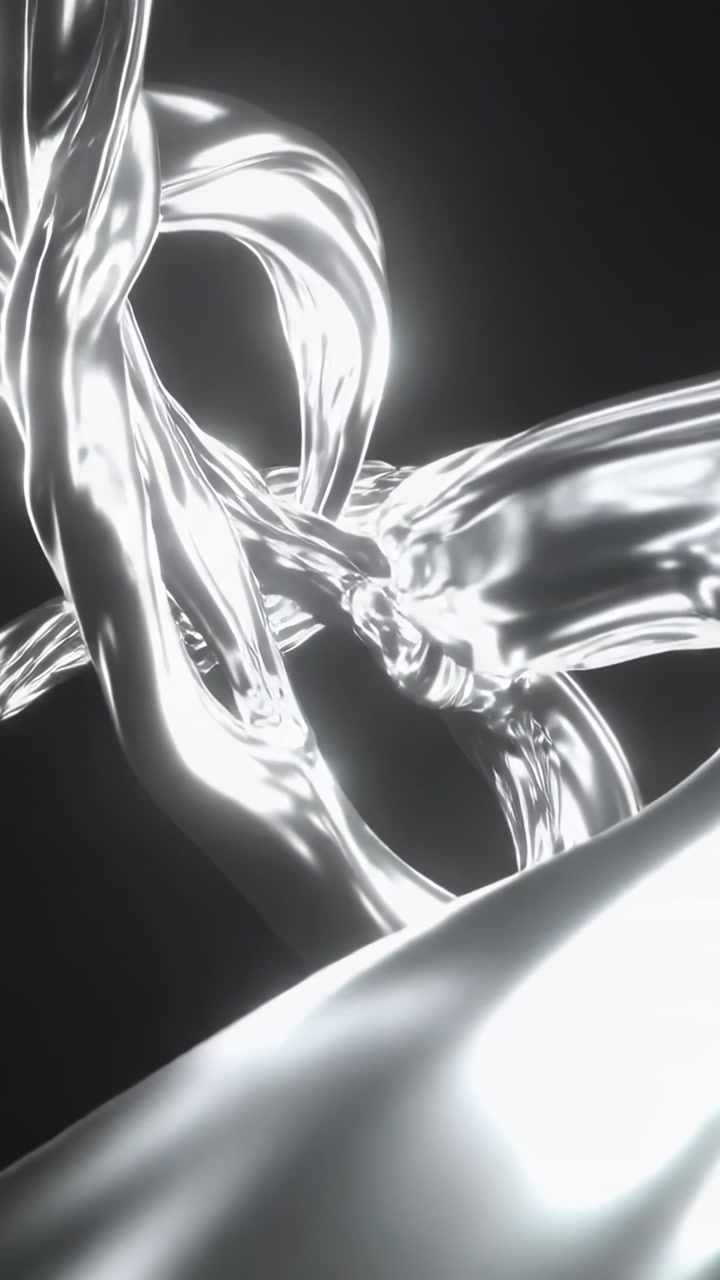 Vertical video: Entering chrome ribbons twisting, rotating and forming loops in black void, shining