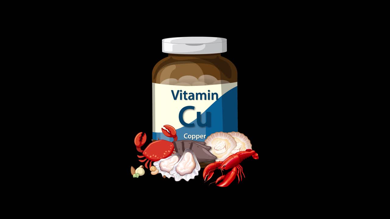 Copper supplement bottle animates as seafood and mushroom ingredients appear, set against a black background