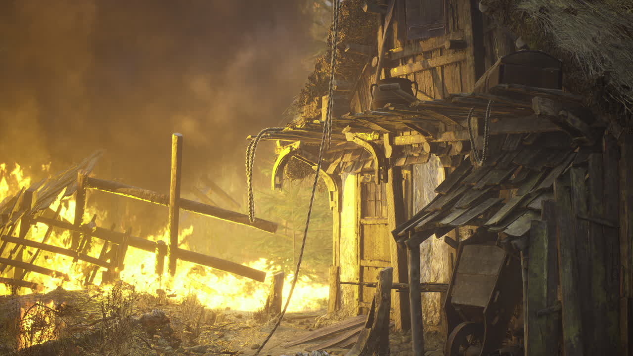 Flames engulf a rustic cabin as chaos unfolds at twilight hour in the forest