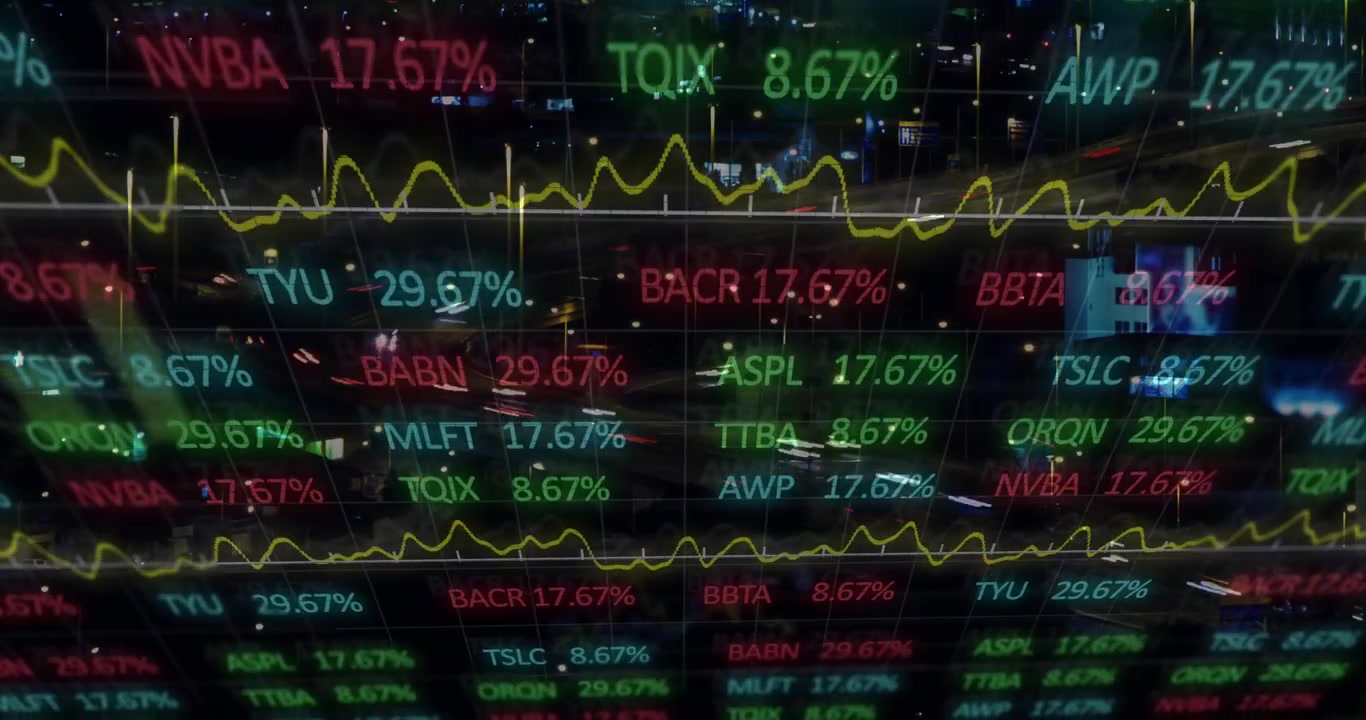 Animation of financial graphs and data over road traffic at night