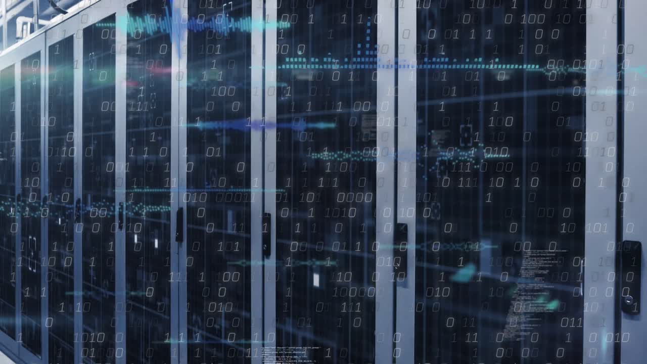 animazione dell'elaborazione dei dati di codifica binaria su server informatici