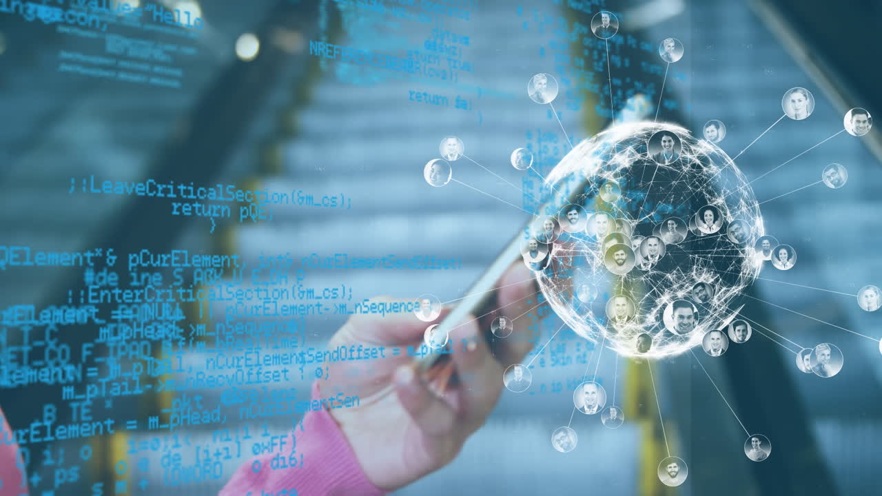 스마트 폰을 사용하는 백인 여성에 대한 연결과 함께 데이터 처리 및 지구의 애니메이션