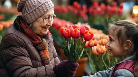grandmother and granddaughter share tulips
