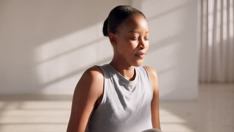 Black-woman,-meditation-and-breathing-with-smile