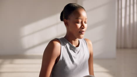 black woman, meditation and breathing with smile