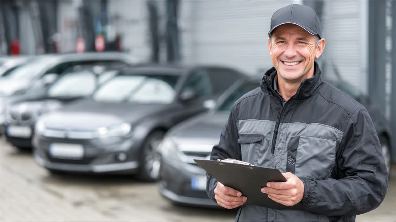 Un supervisore automobilistico professionista sorride fiducioso mentre tiene in mano un blocco appunti tra una fila di auto eleganti in un ambiente di concessionaria moderno