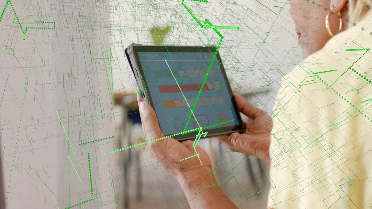 Senior woman holding tablet and tapping, selecting app bar while green overlay animating for tech