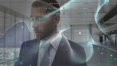 animación del procesamiento de datos financieros sobre el hombre de negocios caminando