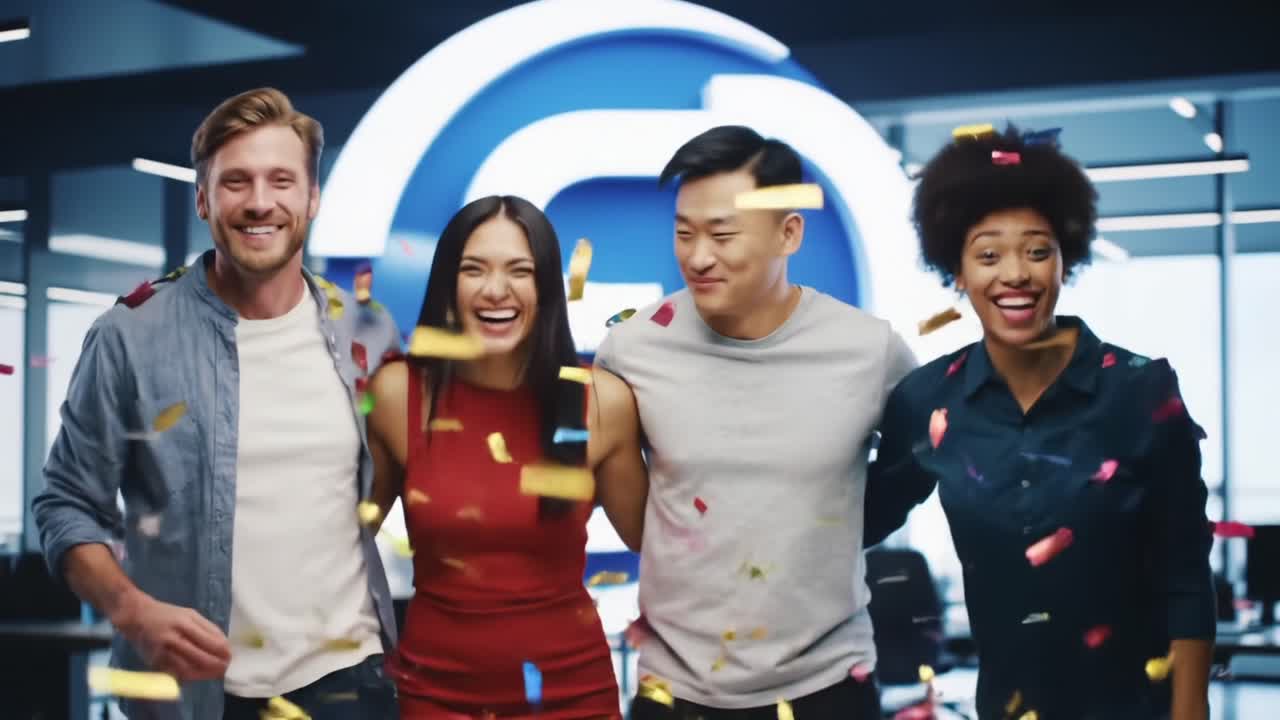 Celebration With Colleagues at an Office Party in a Modern Workspace With Colorful Confetti