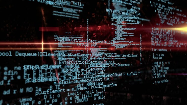 Animation of digital data processing over glowing orange lights