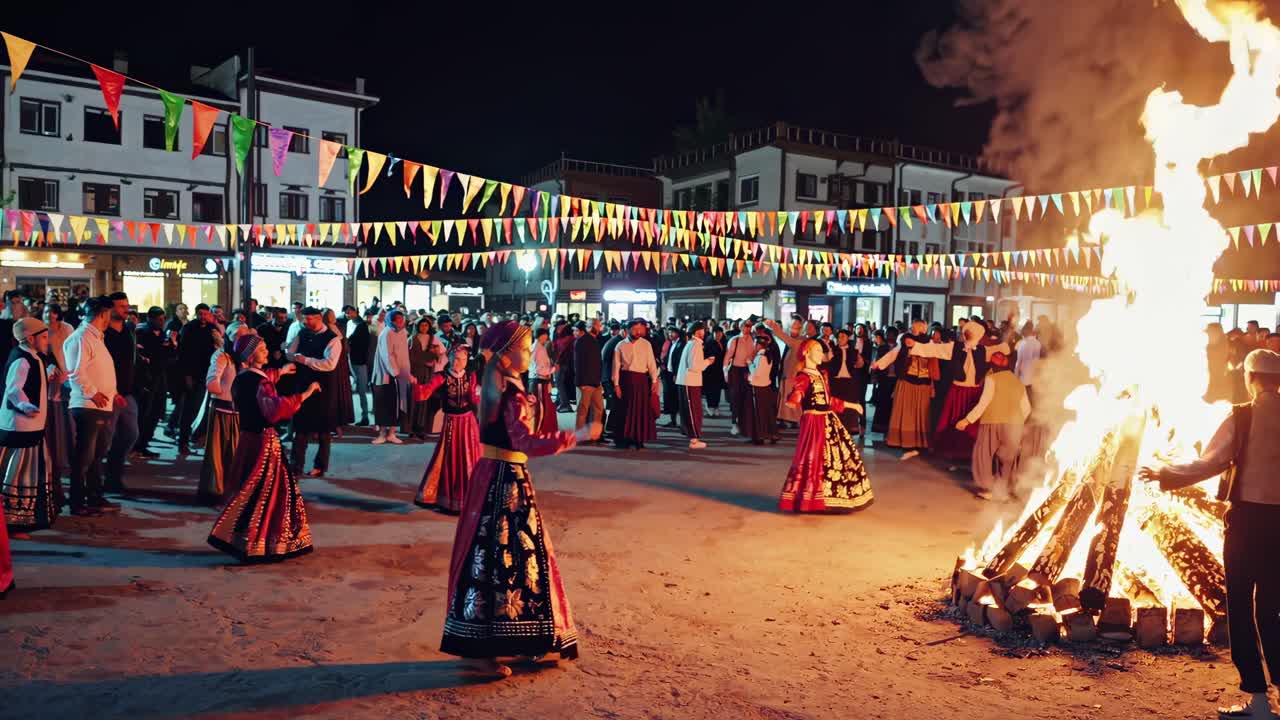 joven alegre con trajes tradicionales celebrando la fiesta de newroz, bailando y riendo cerca de la fogata parpadeante durante la fiesta cultural nocturna, capturando el espíritu alegre del ritual estacional