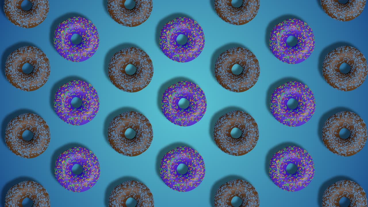 rosquillas parpadeantes con glaseado y salpicaduras en un fondo azul abstracto animación cinemagraph