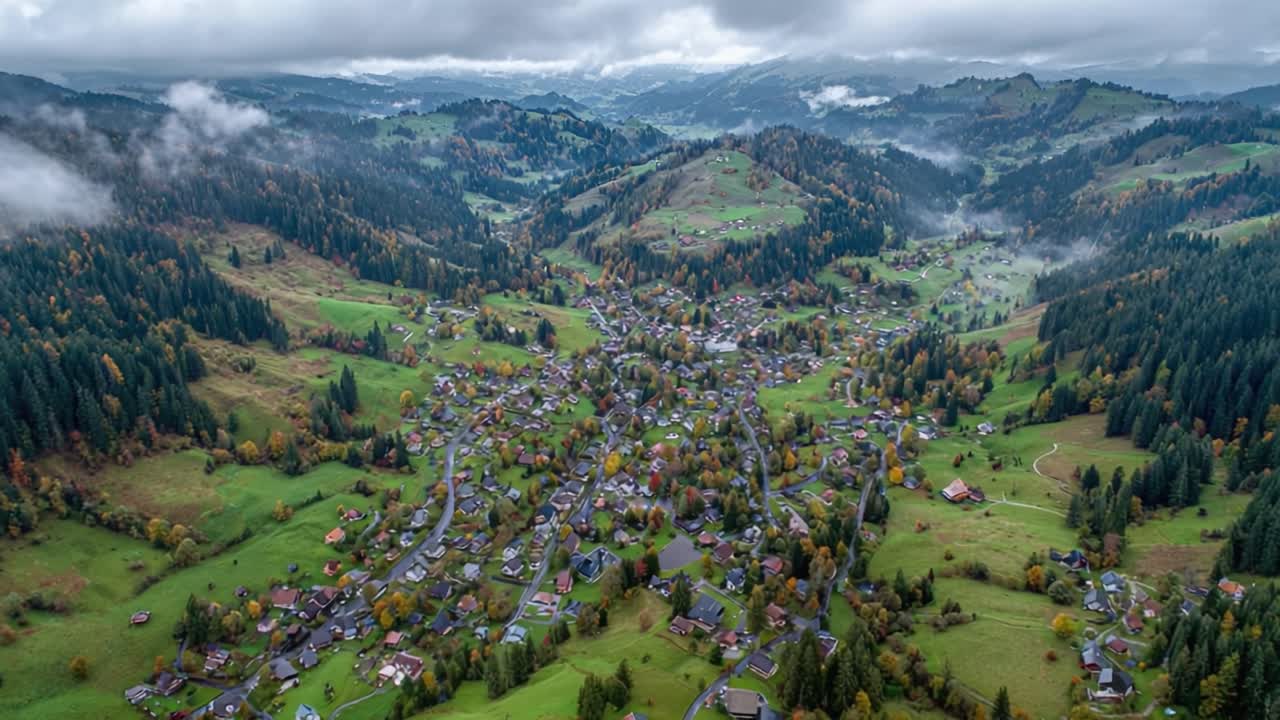 Splendida Veduta Aerea di un Borgo Caratteristico Circondato da Rigogliose Colline Verdi e Montagne Nebbiose, che Cattura l'Essenza della Tranquilla Vita Rurale in un Ambiente Sereno.