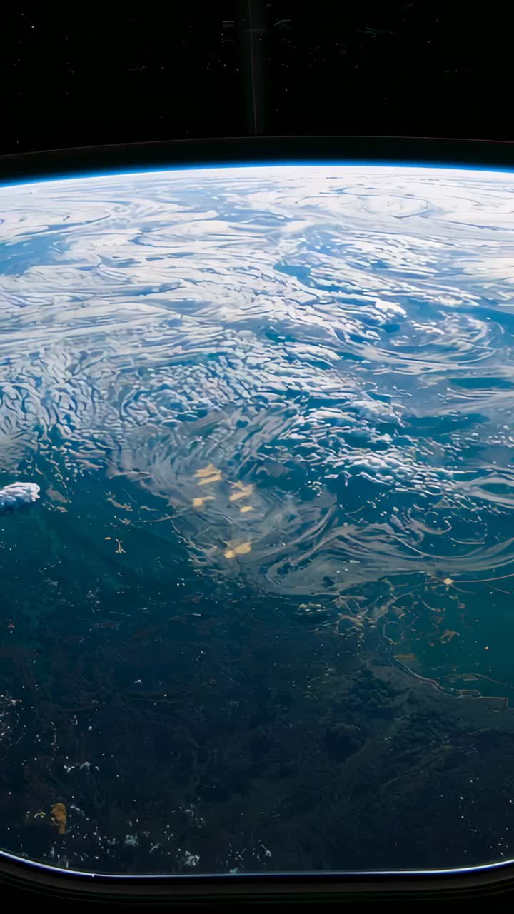 Vertical video: Panning camera after tilt, aiming at Earth via craft port, observing sun glints