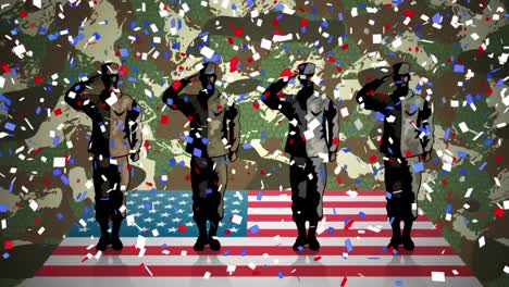 animation of confetti and red shapes over saluting soldiers, american flag and camouflage