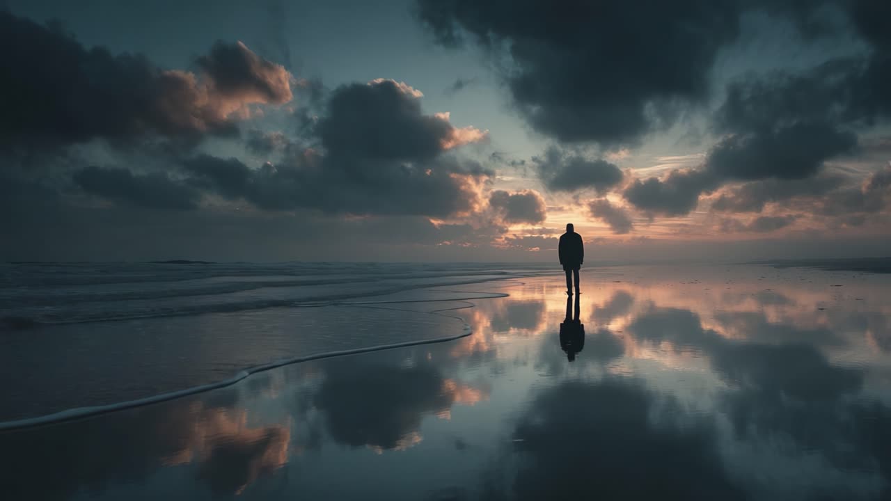 A solitary figure stands on a serene beach at sunset, surrounded by reflective waters and dramatic clouds, capturing the beauty of solitude and nature's tranquility
