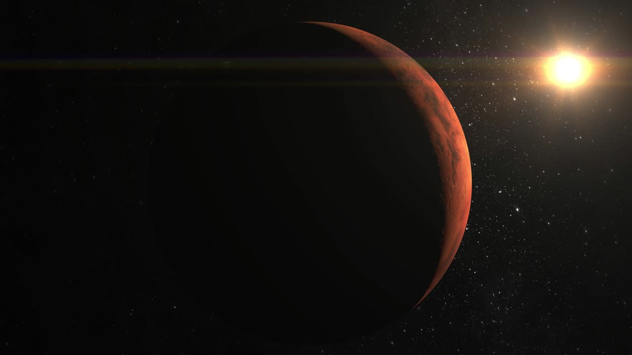 Planet Mars. The sun in the frame from the top right. Mars moves to the left. The camera flies near the planet Mars. View from space. Stars twinkle. 4K.