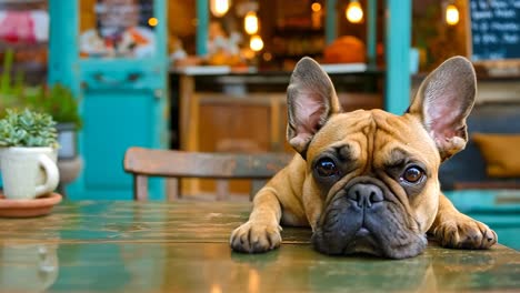 un perro acostado en la parte superior de una mesa de madera
