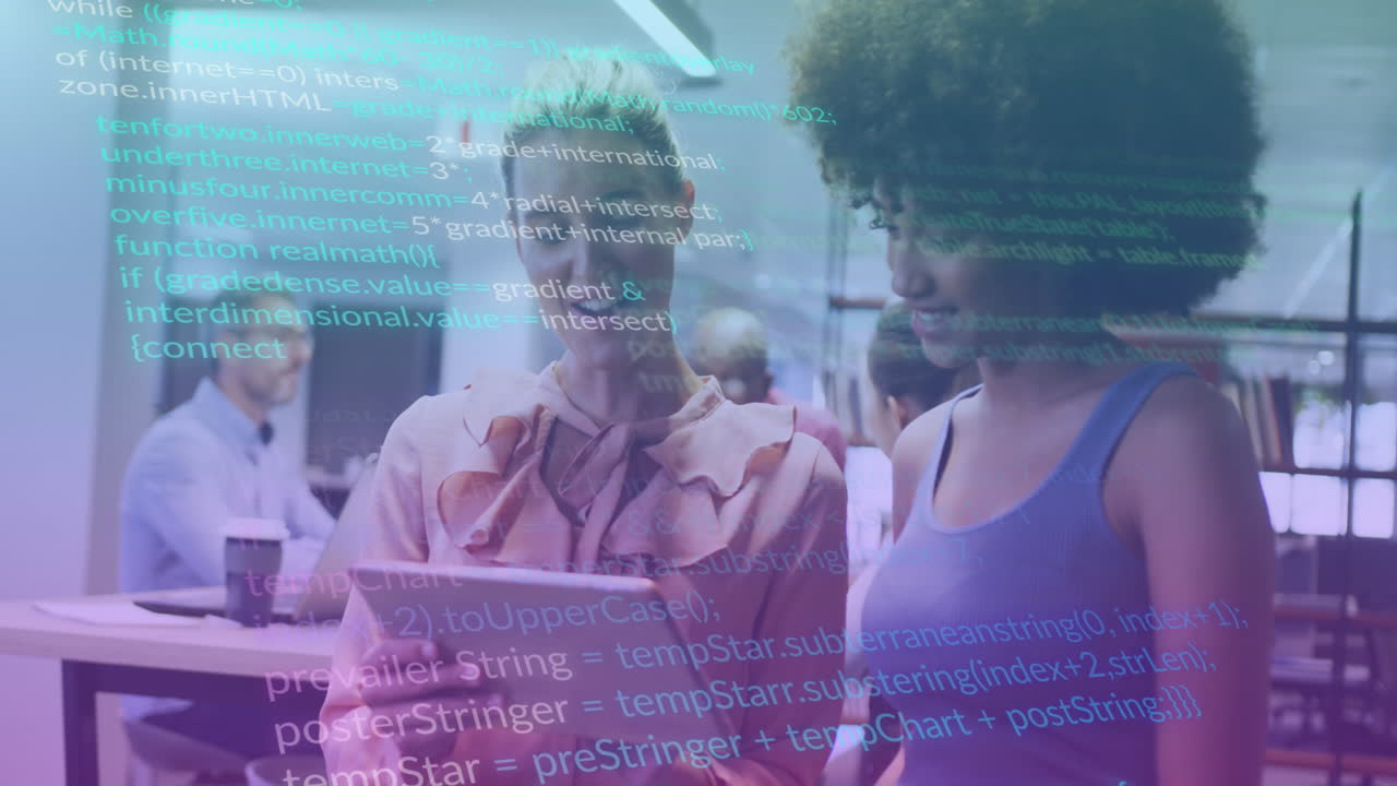 Animation of data processing over diverse businesswomen using tablet