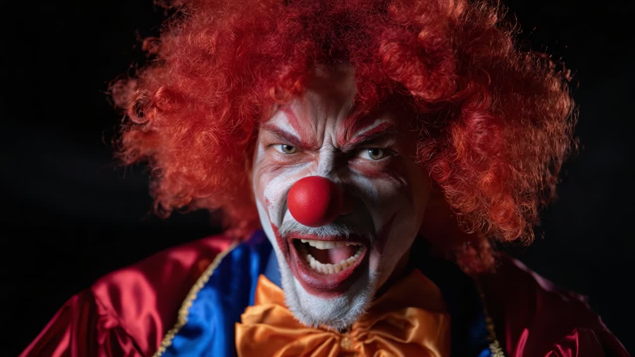A menacing clown with vibrant red curly hair and a fierce expression, showcasing exaggerated facial makeup that evokes both fear and intrigue in a darkened setting