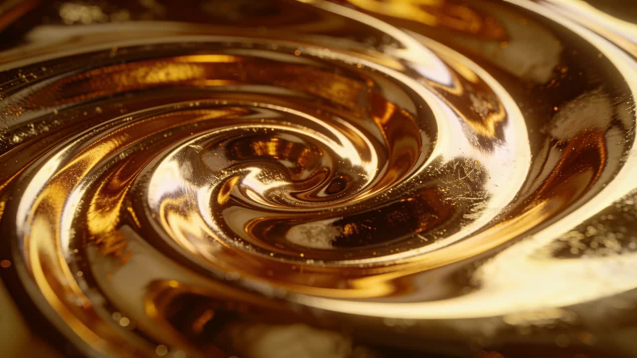 Fluido dorato lucido che forma un vortice in senso orario dopo un impulso, con particelle che si muovono verso l'interno mostrando un centro più compatto.