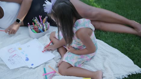 a mother and her young daughter sit on a blanket in the backyard, engaging in a drawing activity together. the outdoor scene captures a peaceful family moment, fostering creativity and bonding.