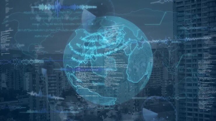 Composition of data processing over globe and cityscape