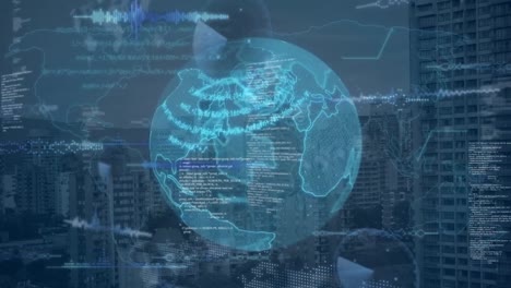Composition of data processing over globe and cityscape