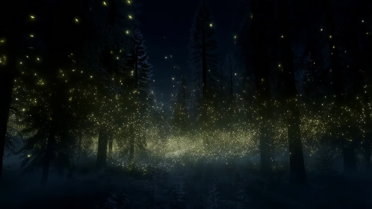 Enchanted Forest at Night with Glowing Fireflies