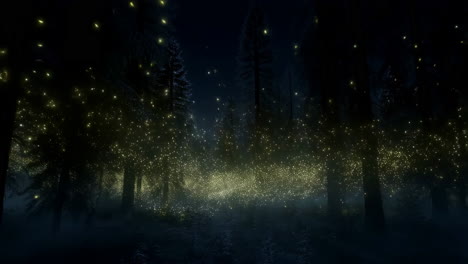 enchanted forest at night with glowing fireflies