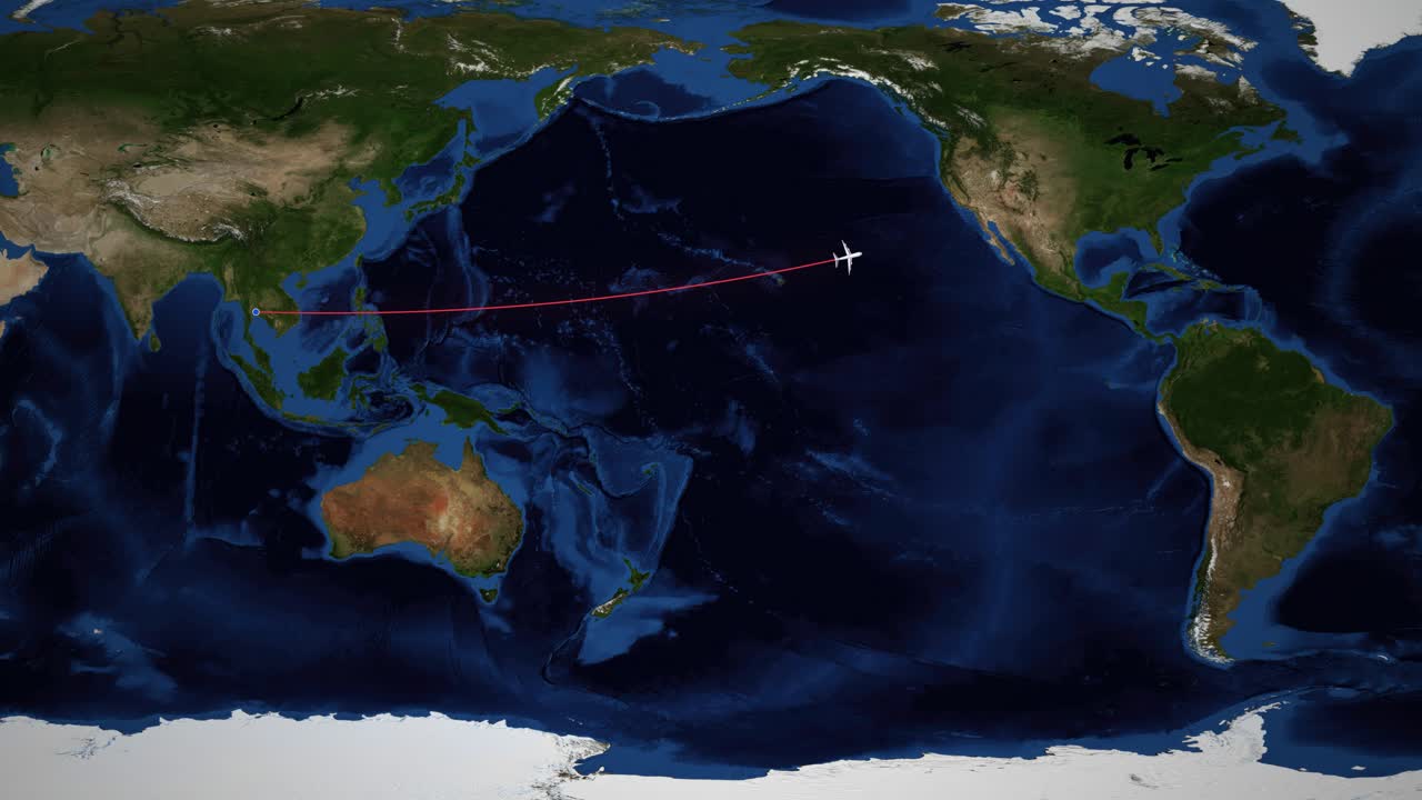 Animated airplane icon travels across a world map from Bangkok to Toronto leaving red path