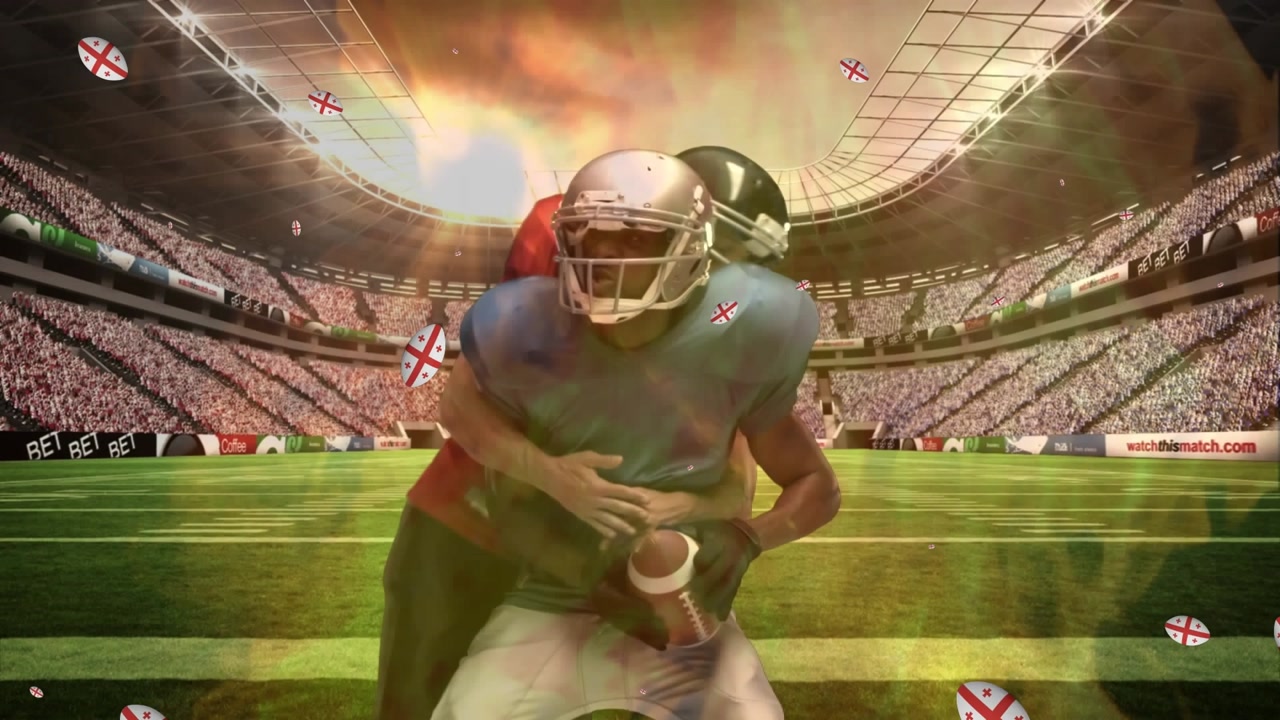 Animation of balls with georgia flag and american football players over sports stadium