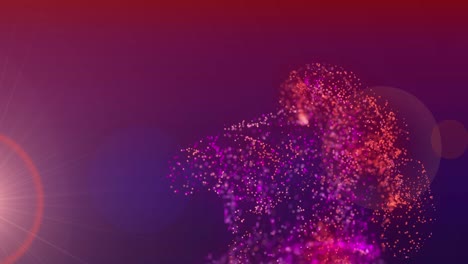 animation of pink and red particle cloud and red light moving on purple background