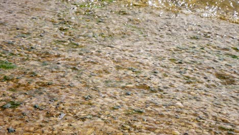 Clear-water-ocean-tide-washing-on-to-concrete-stone-walkway-shoreline-dolly-right