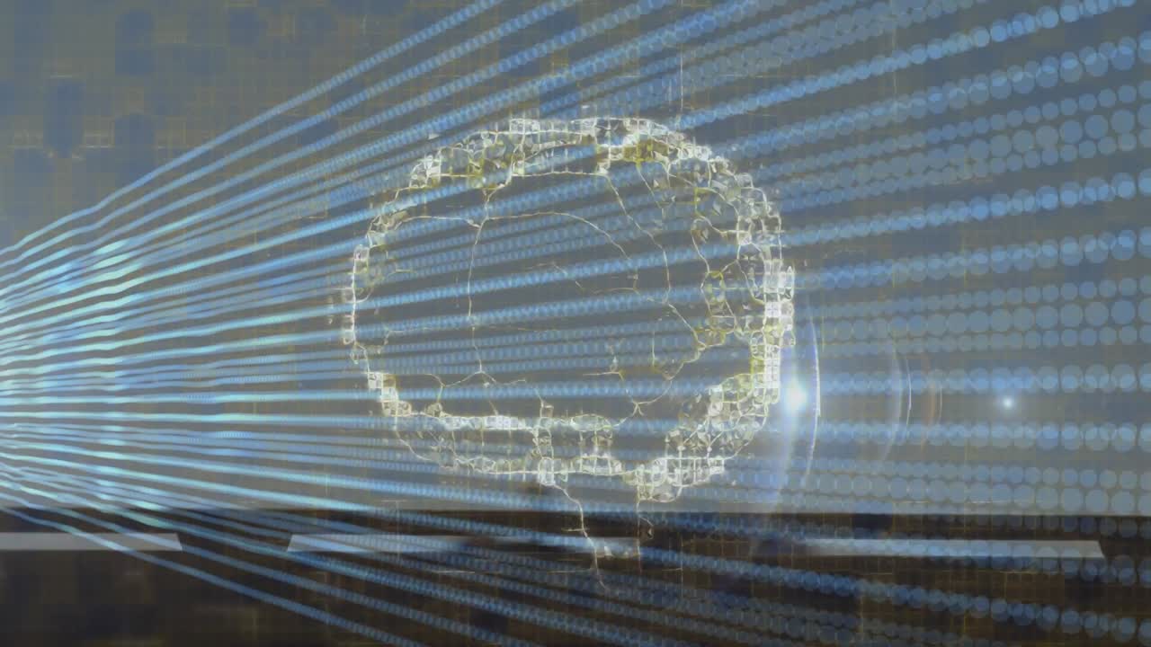 빛나는 빛의 흔적 위에 회전하는 인간의 뇌의 애니메이션