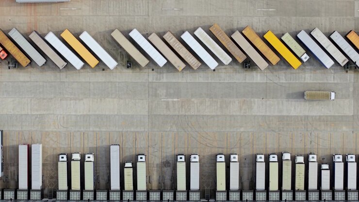 Top-Down Aerial View of Semi-Trailers and HGVs Parked at Logistics Warehouse